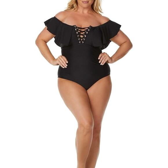 Raisins Curve Plus Size Swimsuit Womens 24W Black Off Shoulder Lace Up Rose Gold - Picture 12 of 13